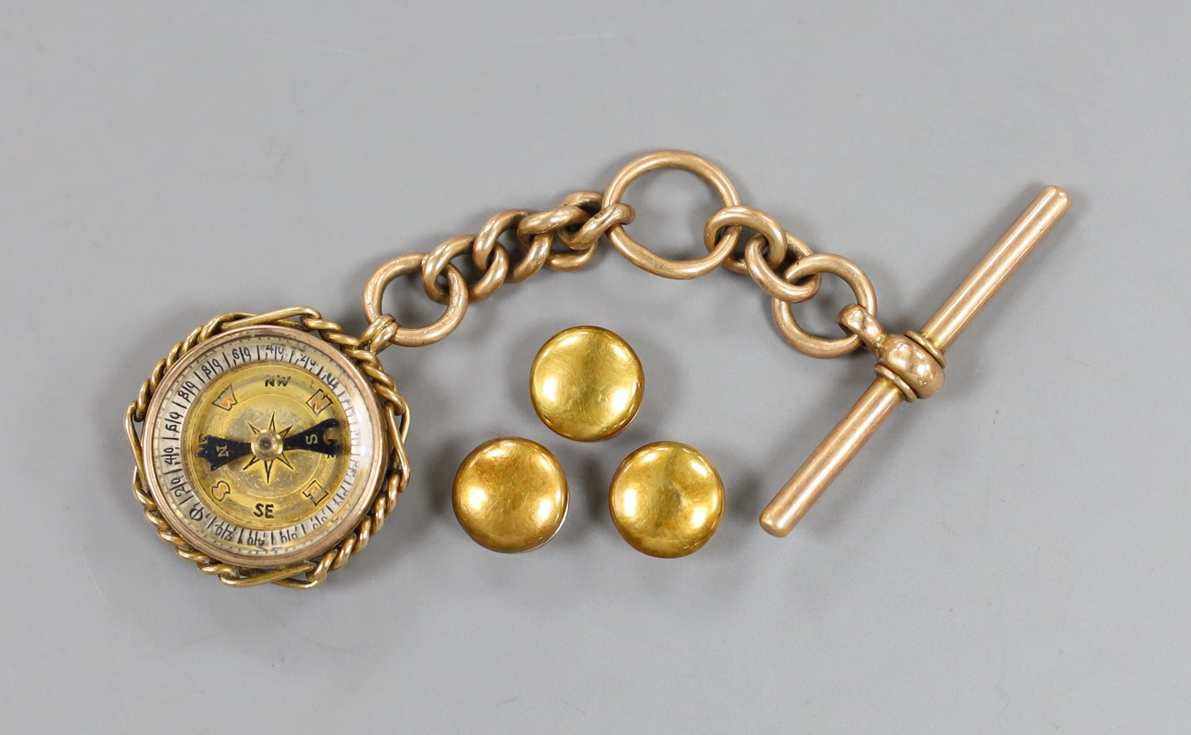An Edwardian 15ct gold, bloodstone and compass set fob, on a 15ct gold suspension chain, together with three cased 15ct gold dress studs, gross 25.6 grams.